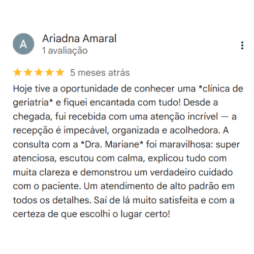 Depoimento Google do consultório da Dra. Mariany Oliveira