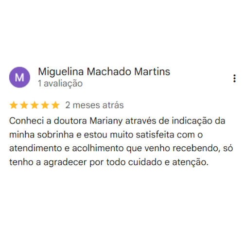 Depoimento Google do consultório da Dra. Mariany Oliveira